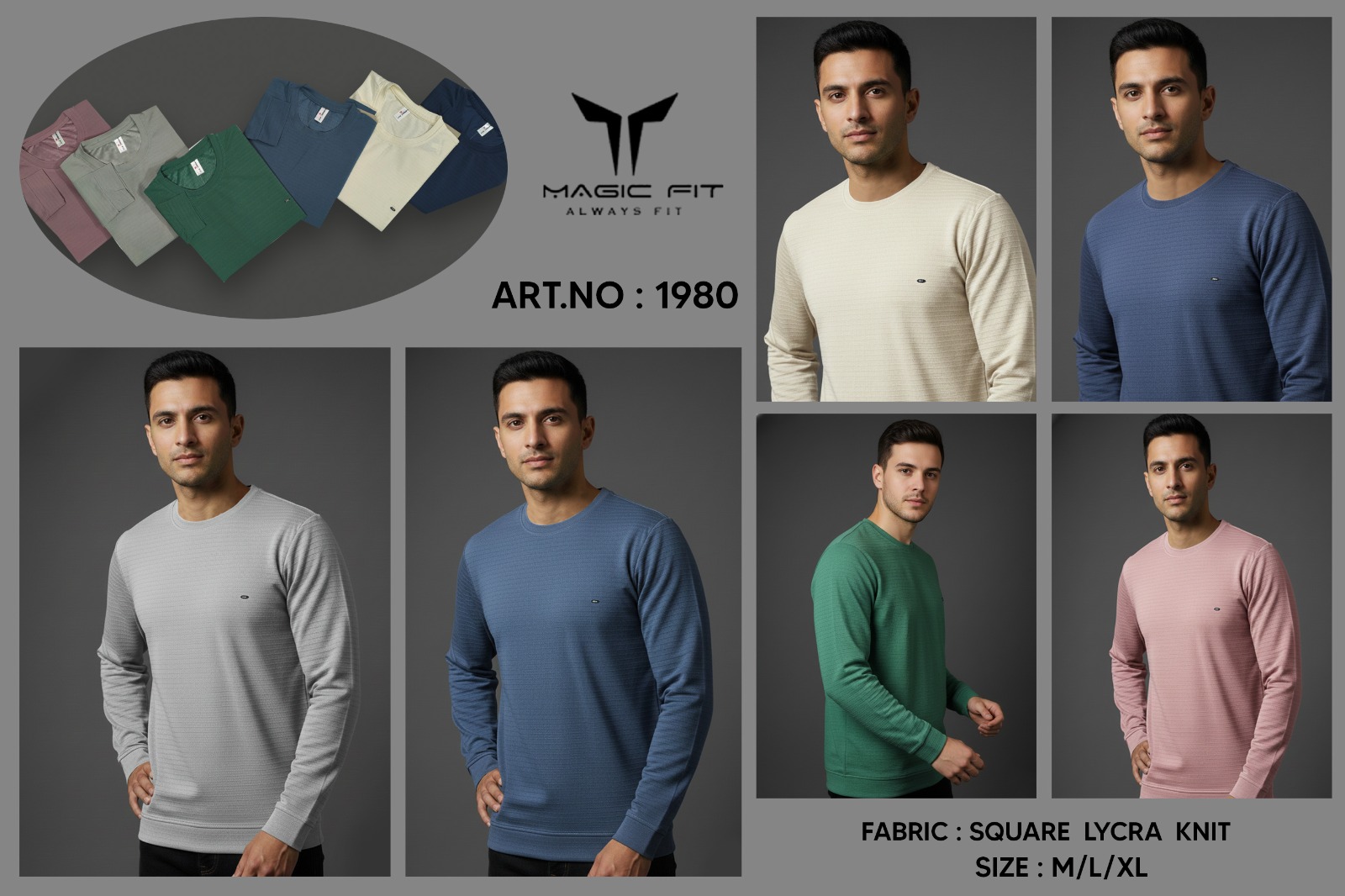 Magic fit Men's Knit Round Neck Full Sleeve Plain T-Shirt, Assorted