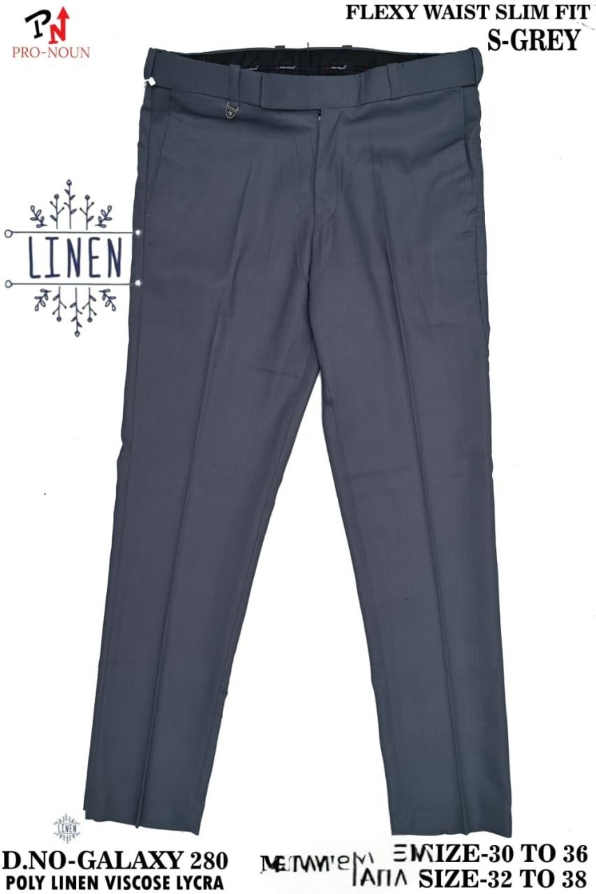 Pro-Noun Men's  Formal Trouser Pants With Adjustable belt D No- Galaxy-280-(32-38)- S Grey