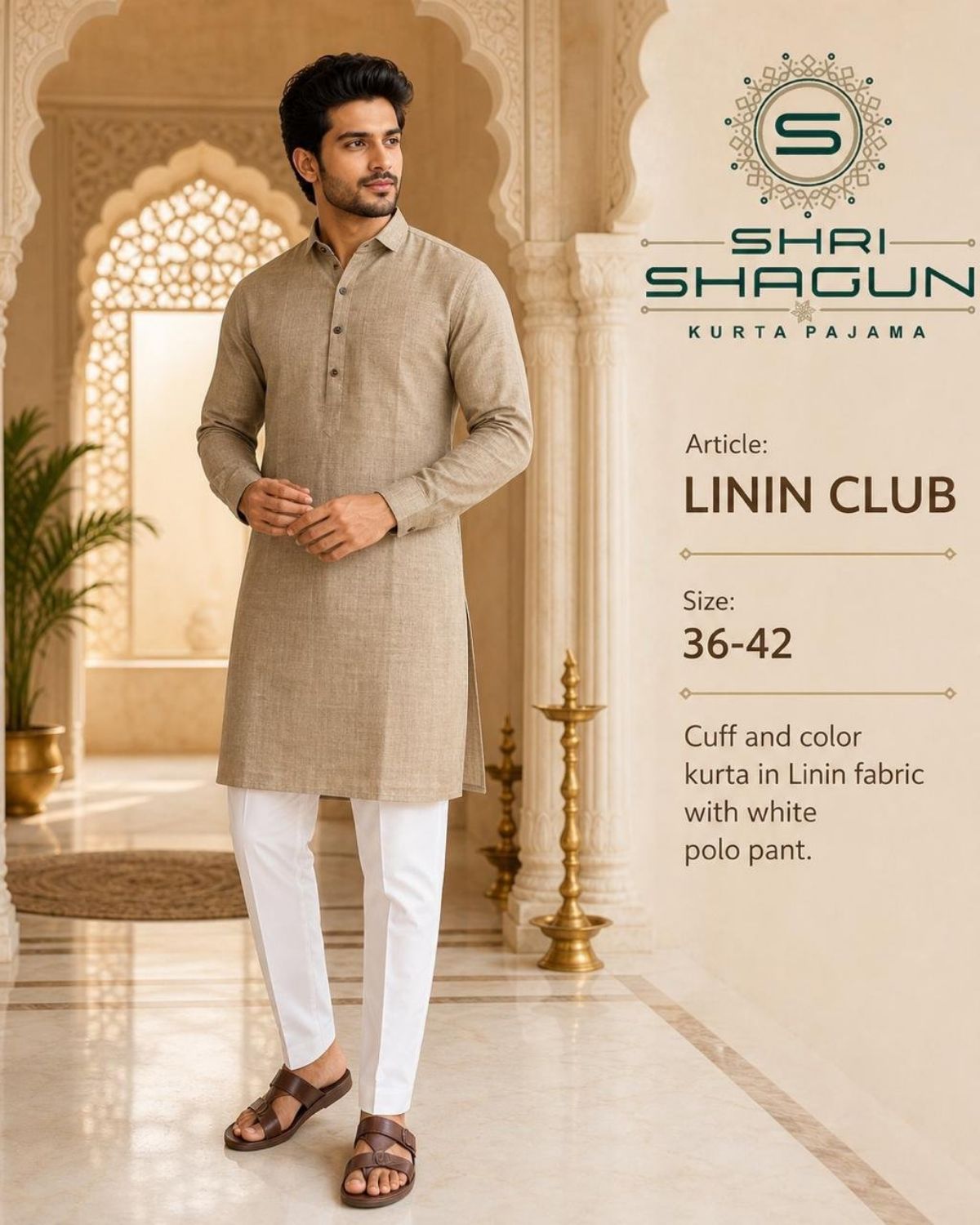 Linen Cotton Kurta Cuff Collar With Polo Pant-Linin Club