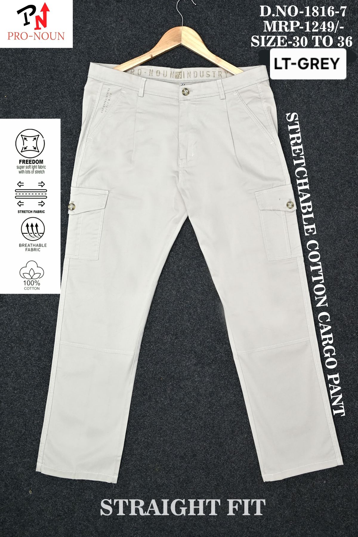Pro-Noun Men's Straight Fit Cargo Pants D No- 1816 -Lt Grey
