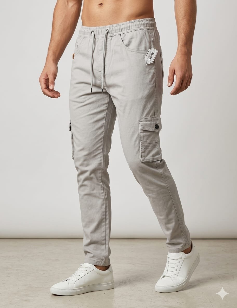 Shafin Men's Without Elastic Cotton Cargo Pants-Cream