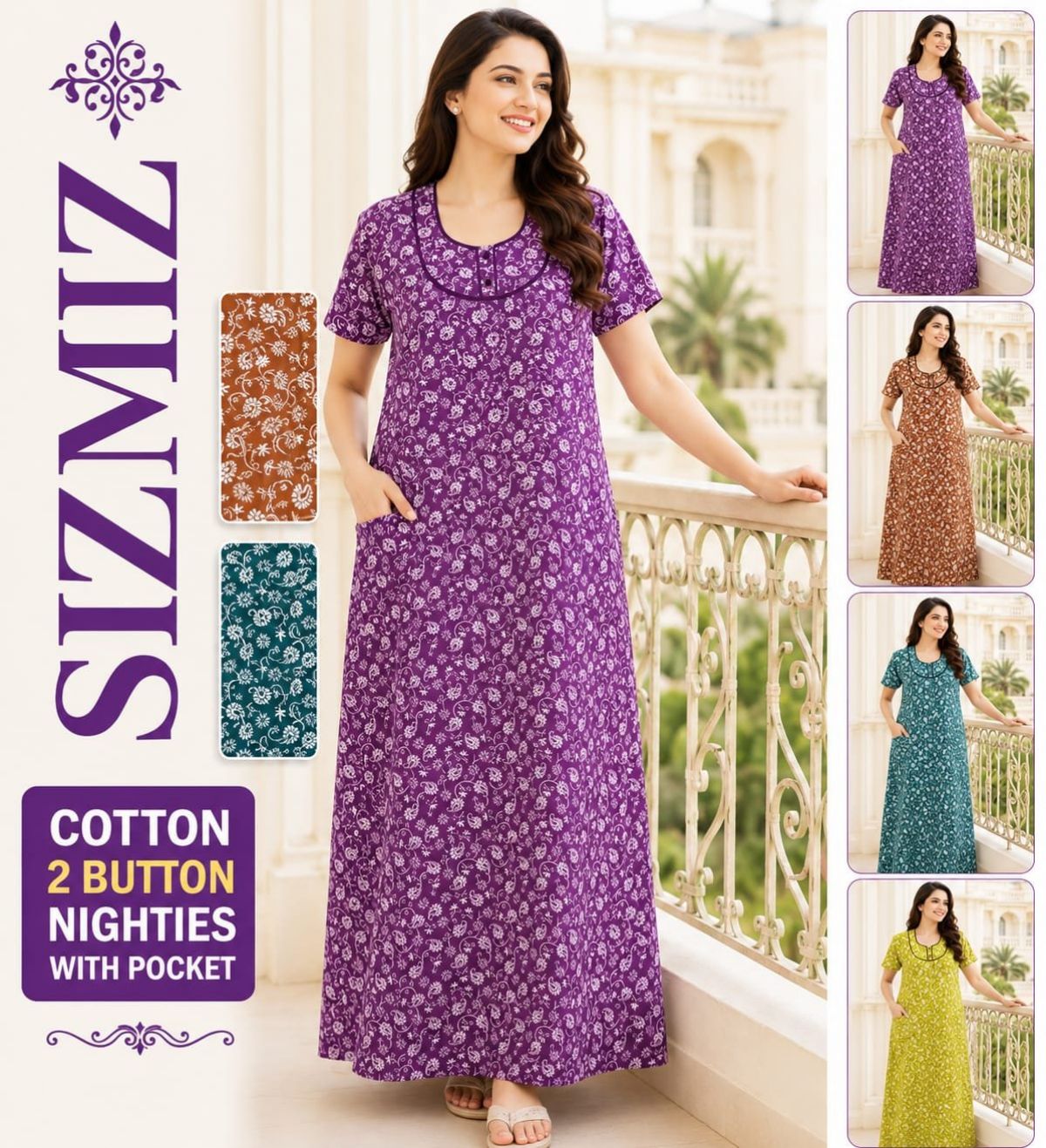 Women Poly Cotton Night Gown with Two Button