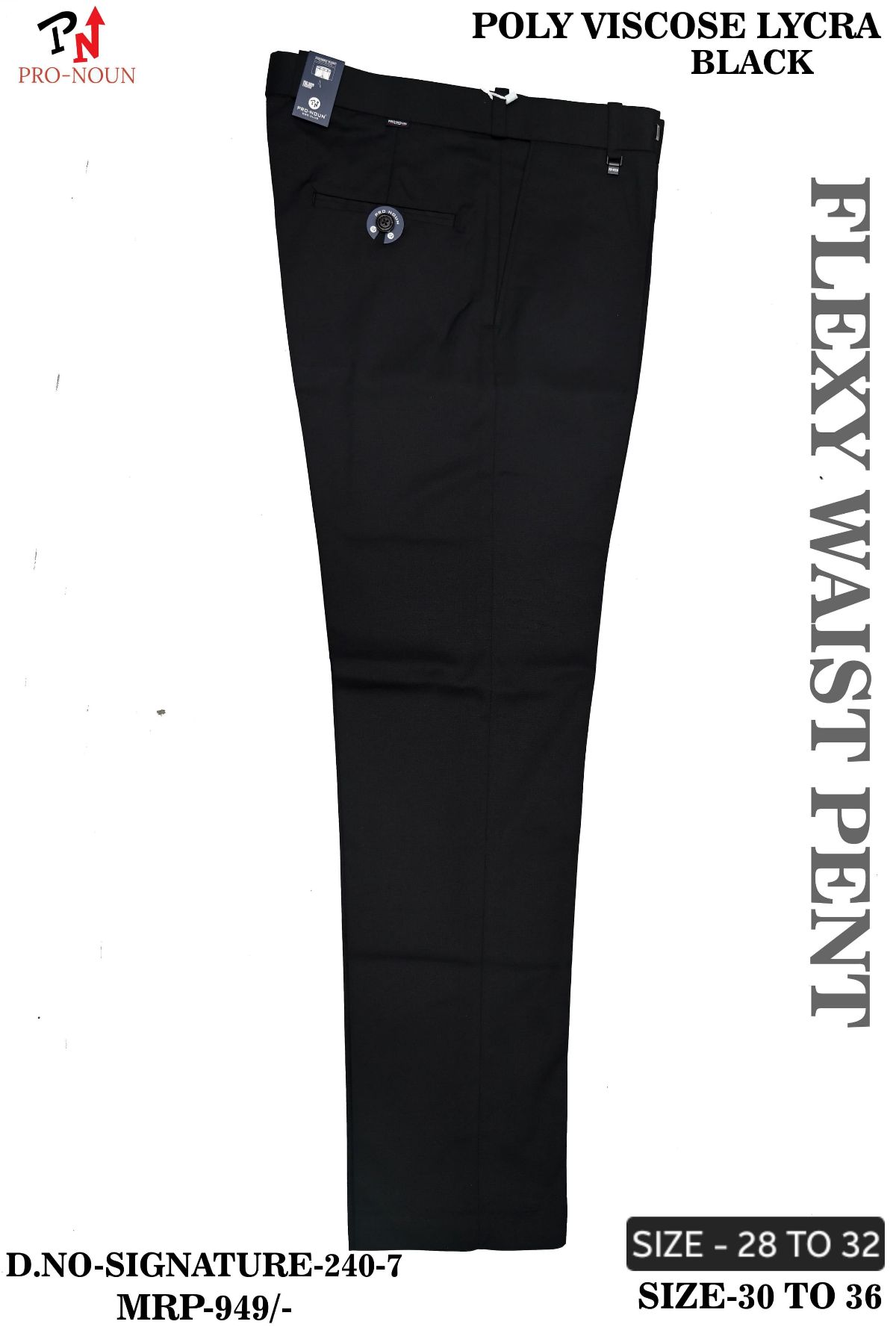 Pro-Noun Men's  Formal Trouser Pants With Adjustable belt D No- Signature 240-7(28-32)- Black