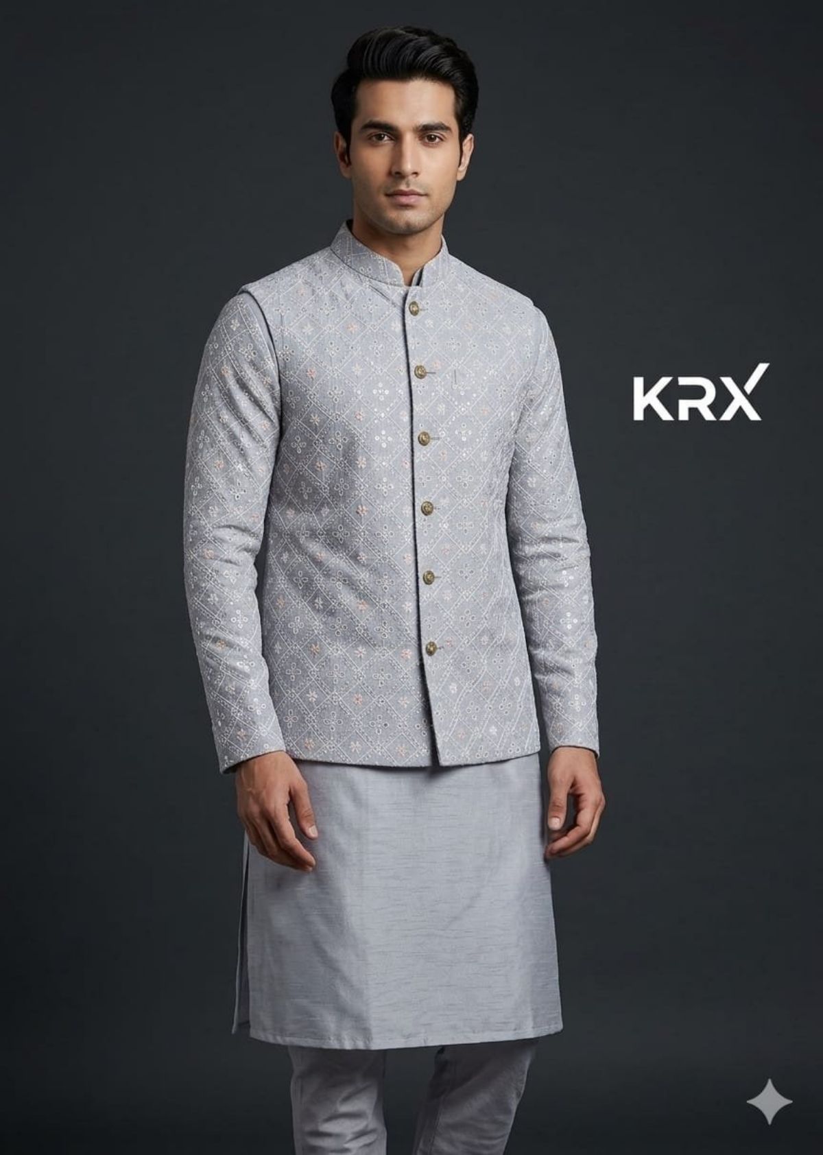KRX Men's Heavy Kurta Pajama With Nawabi Jacket 3 Piece Set