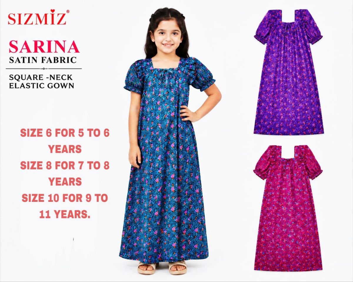 Sarina Satin Fabric Square Neck Night Gown For Kids-(10)