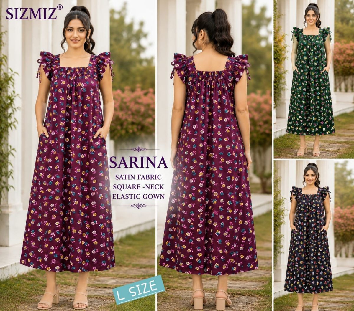 Sarina Women Satin Fabric Square Neck Night Gown