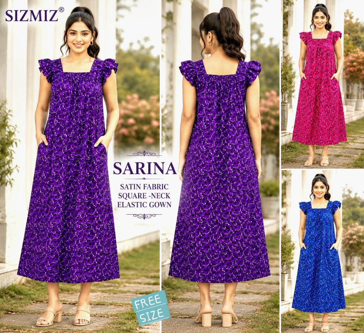 Sarina Women Satin Fabric Square Neck Night Gown