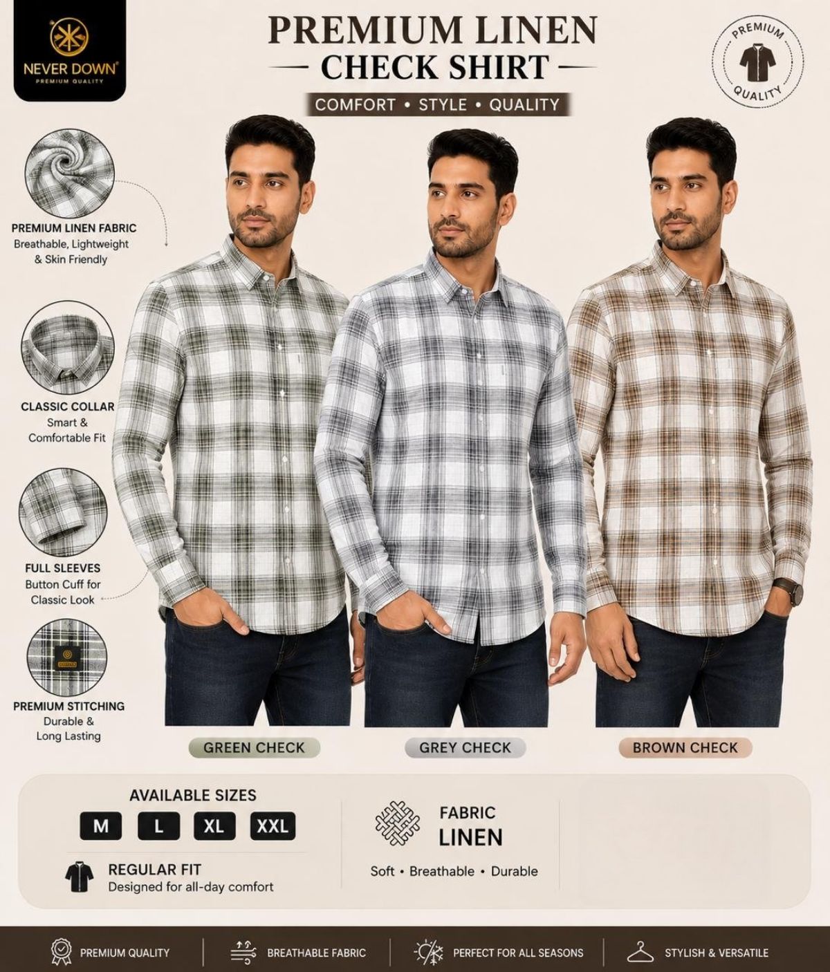 Never Down Men's  Cotton Linen Check Shirts