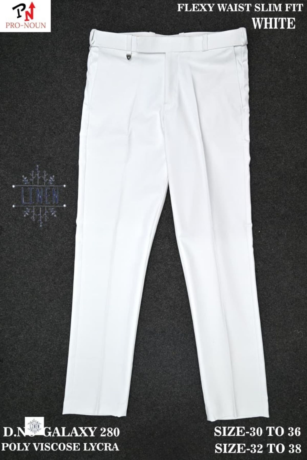 Pro-Noun Men's  Formal Trouser Pants With Adjustable belt D No- Galaxy-280-(32-38)- White