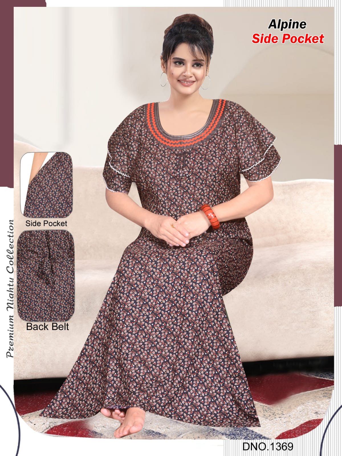 Women Alpine Premium Nighties Fancy Pattern Double Sleeve