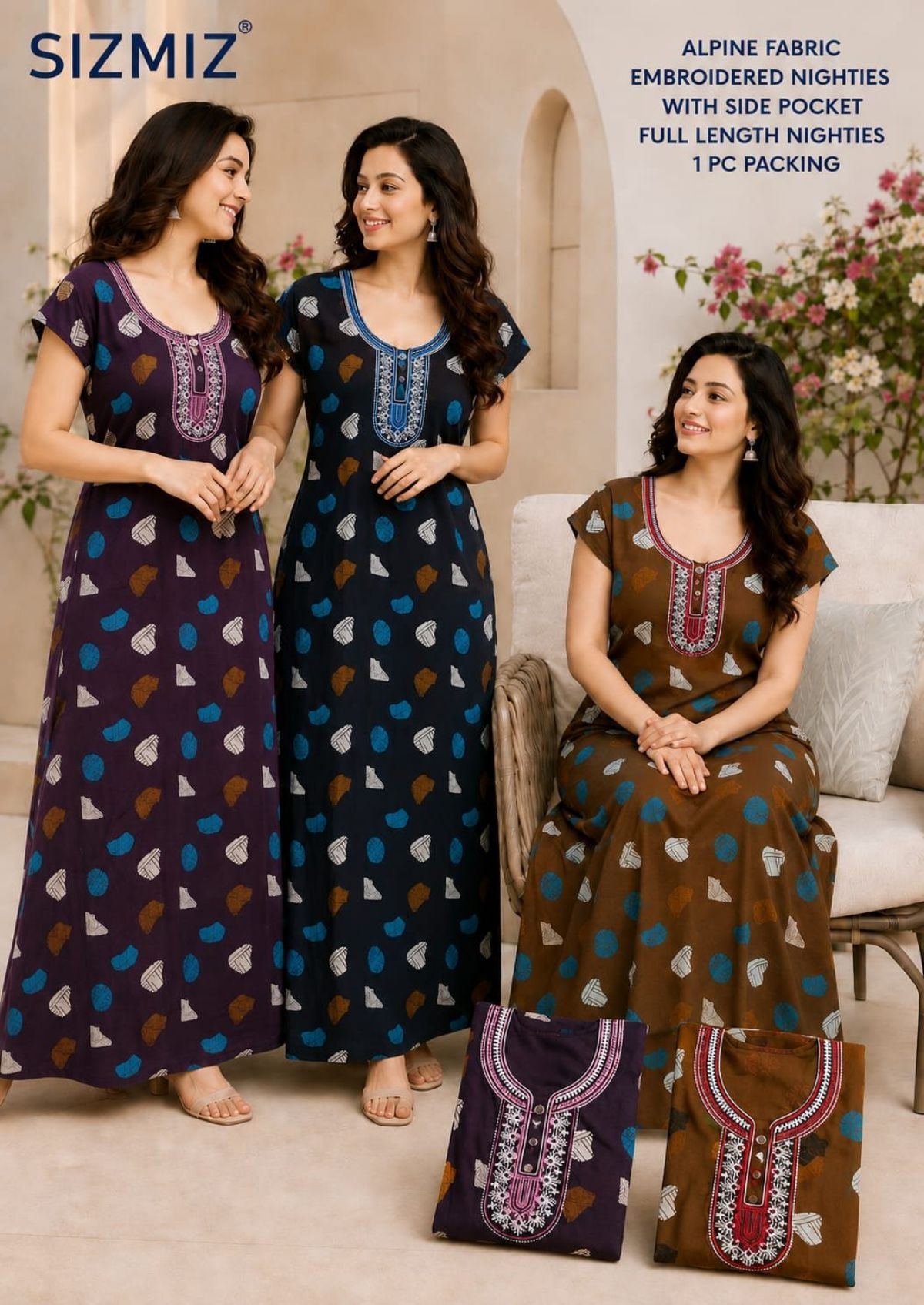 Women Alpine Nighties Superior Fabric with two button embroidered and side pocket Hand Piping