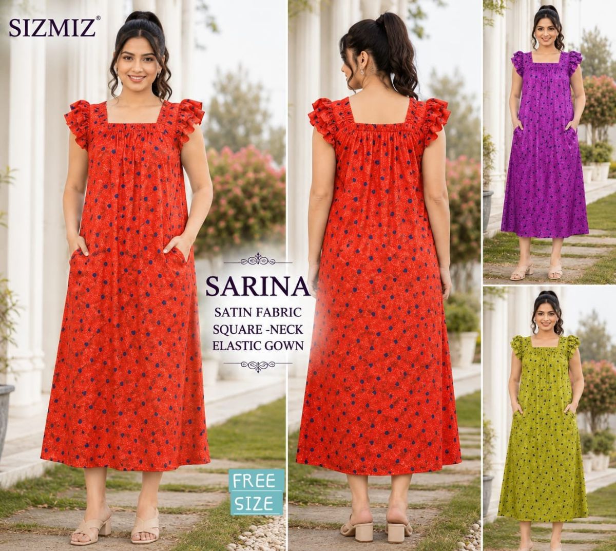 Sarina Women Satin Fabric Square Neck Night Gown -Free Size