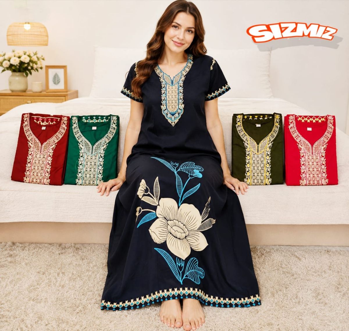 Women's Pure Cotton Nighties Border Print Front Back Fancy with side pocket
