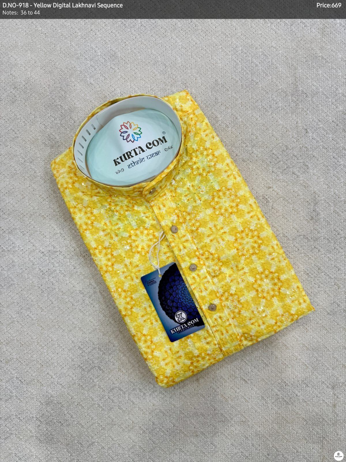 Yellow Digital Lakhnavi Sequence Work Kurta Only-919