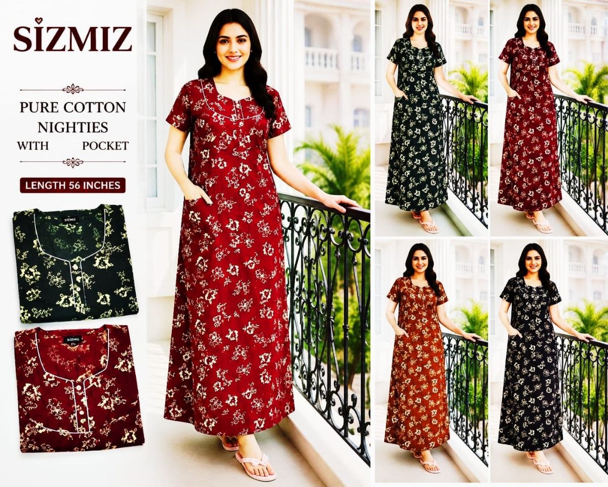 Sarina Women Pure Cotton Night Gown with pocket -Free Size