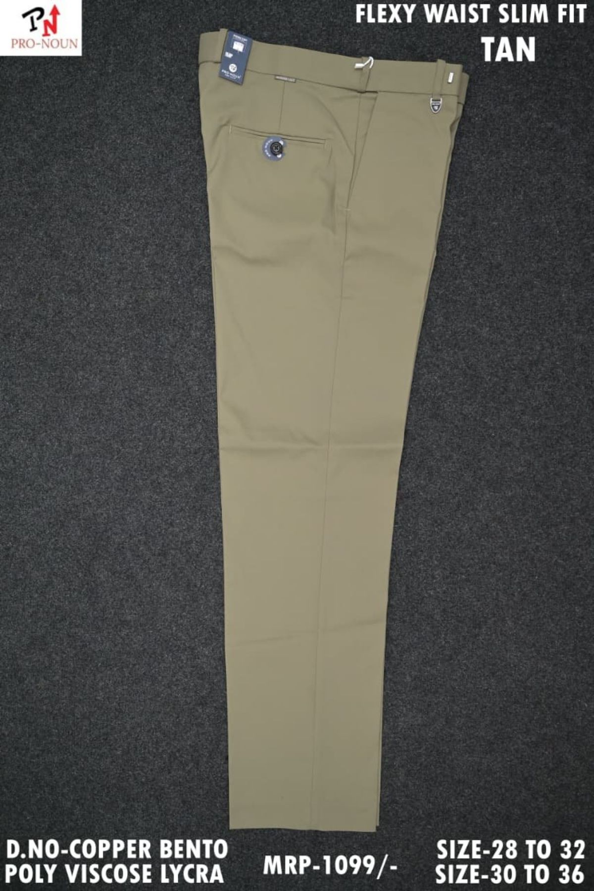 Pro-Noun Men's  Formal Trouser Pants With Adjustable belt D No- Copper Bento-(28-32)- Tan