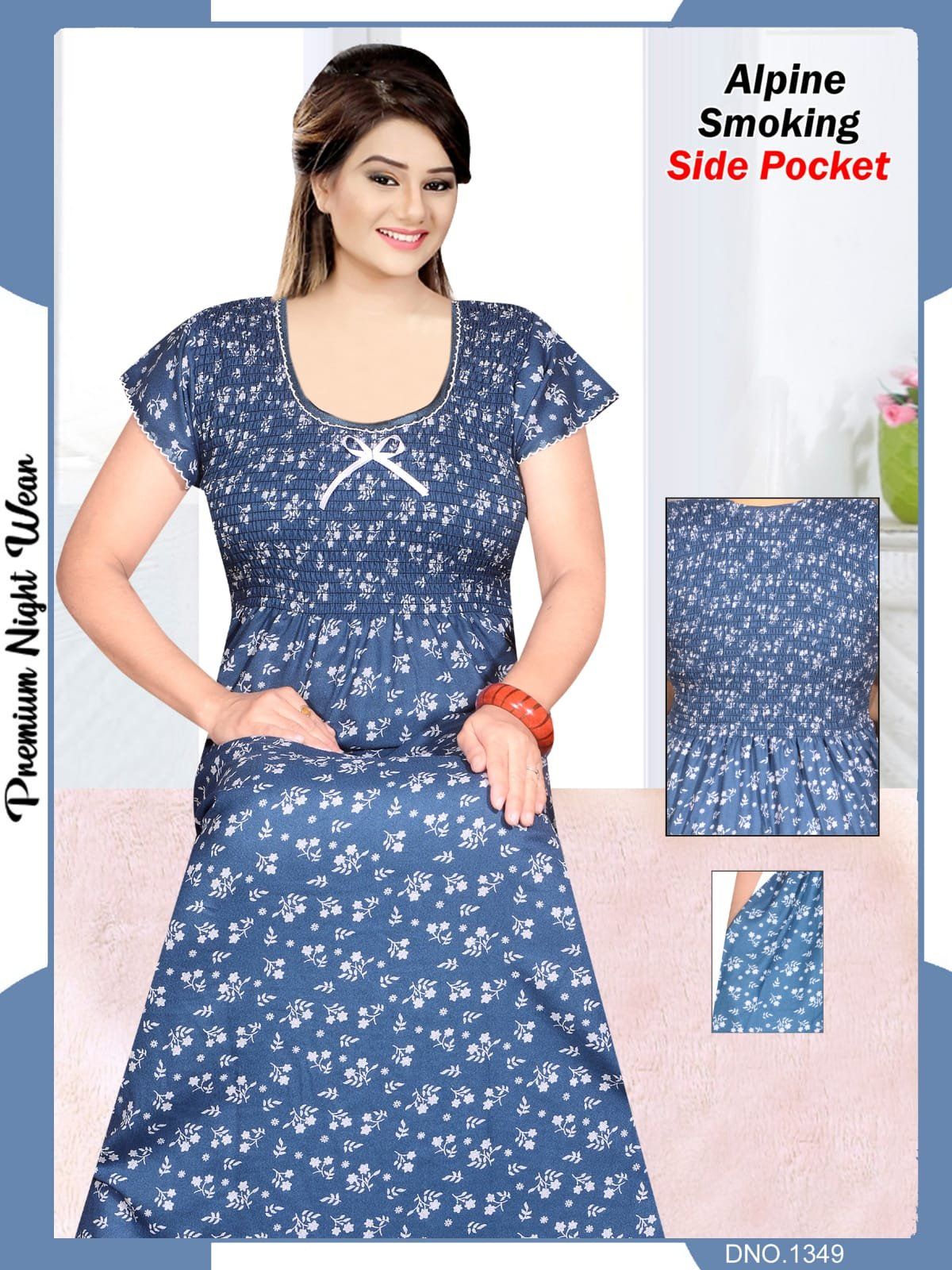 Women's Alpine Premium Nighties Fancy Smoky Pattern with side pocket