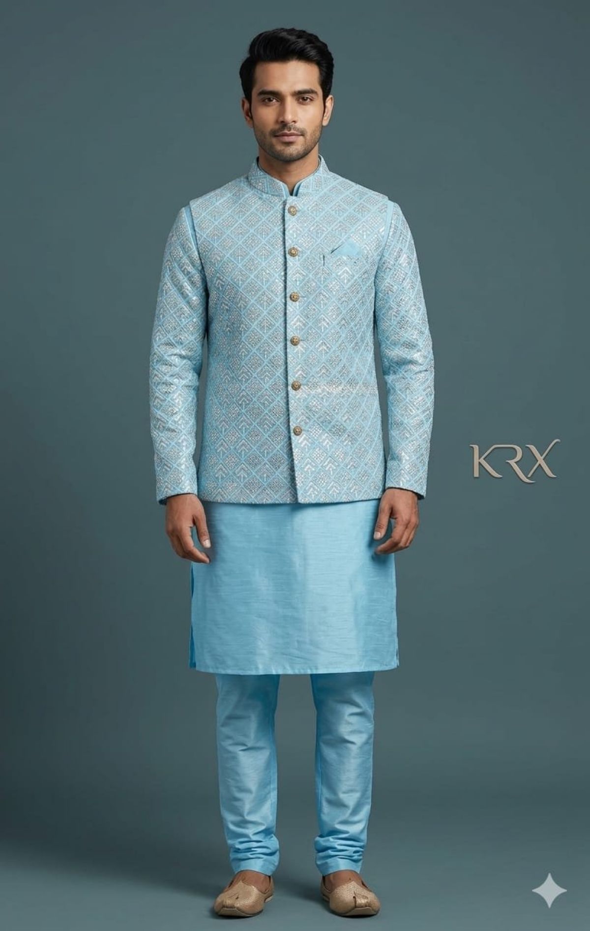 KRX Men's Heavy Kurta Pajama With Nawabi Jacket 3 Piece Set
