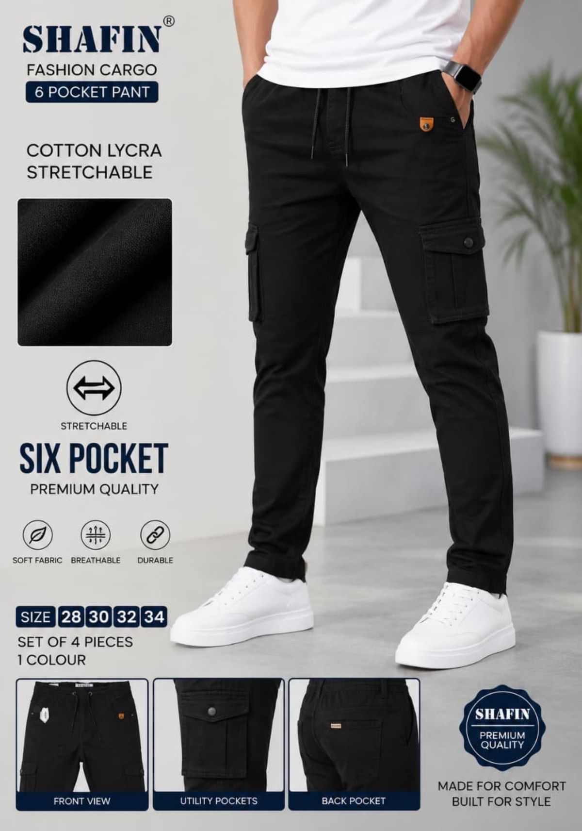 Shafin Men's Six Pockets Joggers Cargo without Elastic