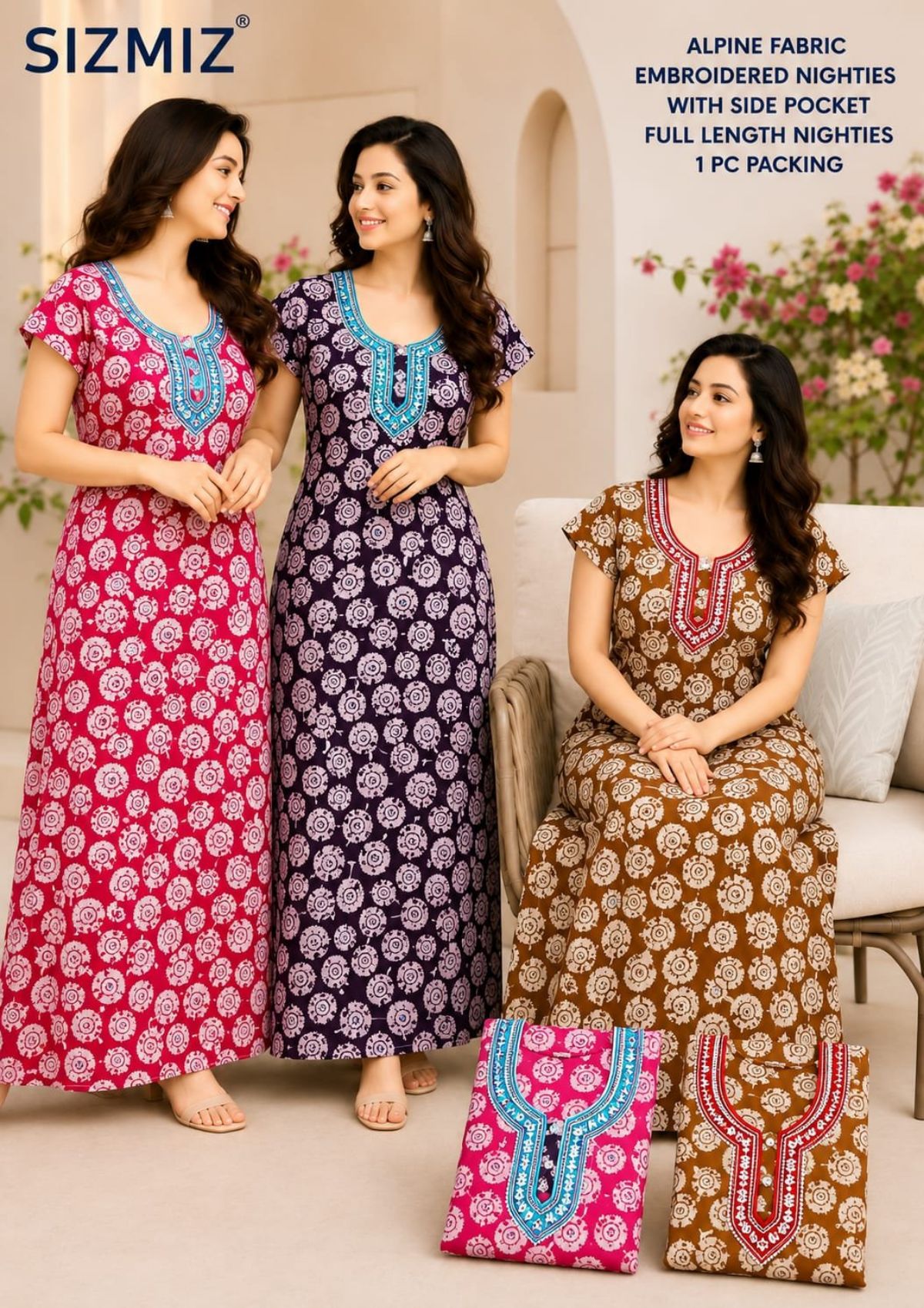 Women Alpine Nighties Superior Fabric with two button embroidered and side pocket