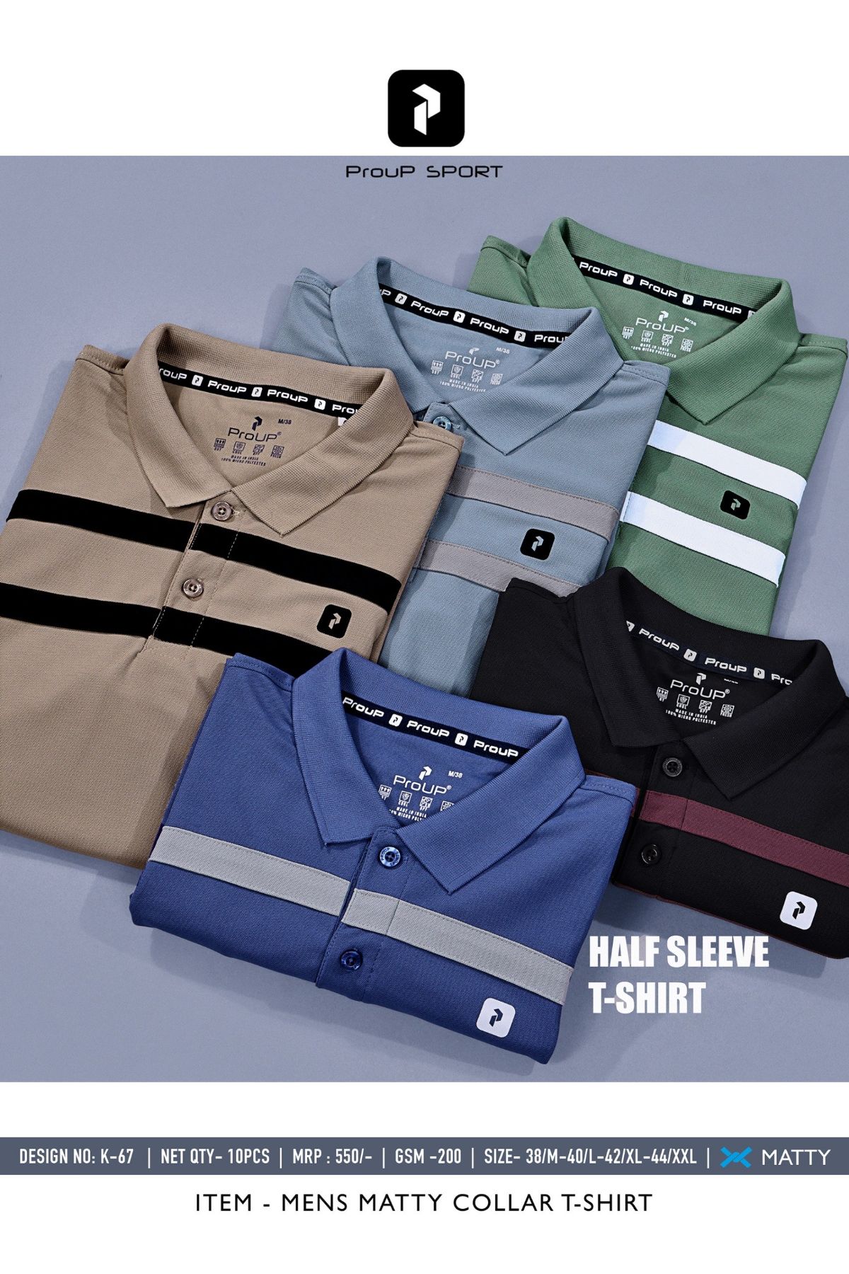 Men's Coller Neck Half Sleeves Plain with Logo Cut & Sew Matty Polyester T-Shirts D No-K-67