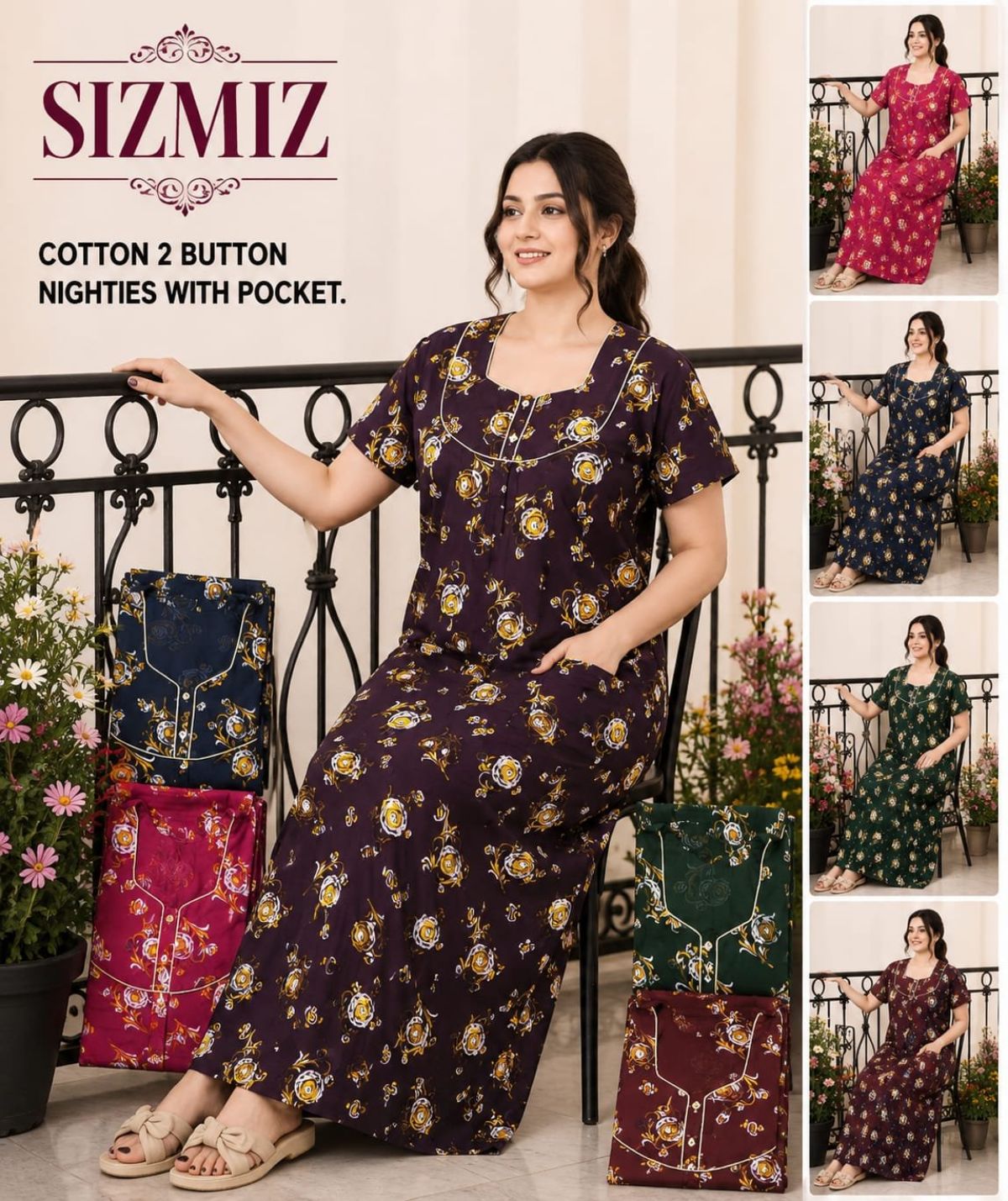 Women Pure Cotton Night Gown With Two Button Sadhna