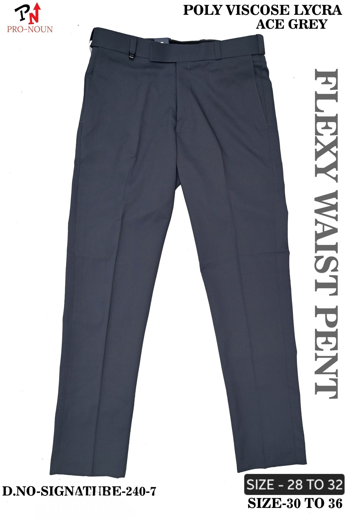 Pro-Noun Men's  Formal Trouser Pants With Adjustable belt D No- Signature 240-7(30-36)- Ace Grey