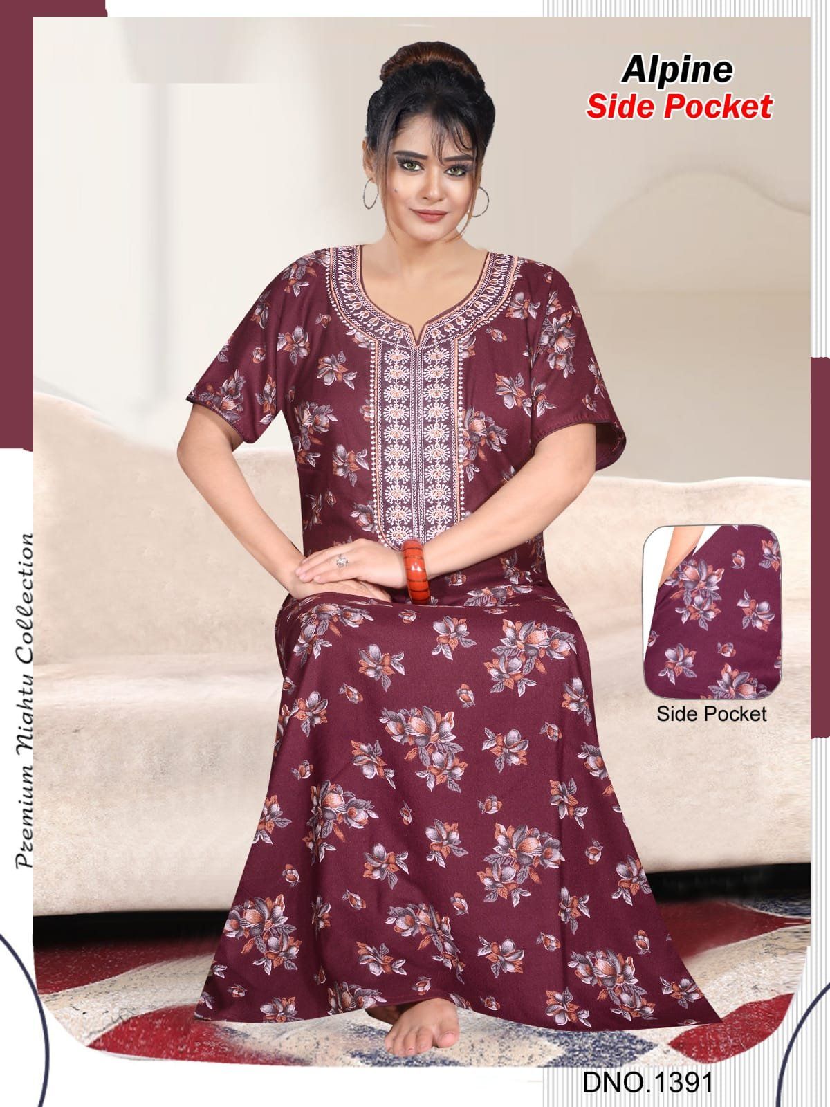 Women's Alpine Premium Nighties Fancy Long Embroidery Pattern with side pocket