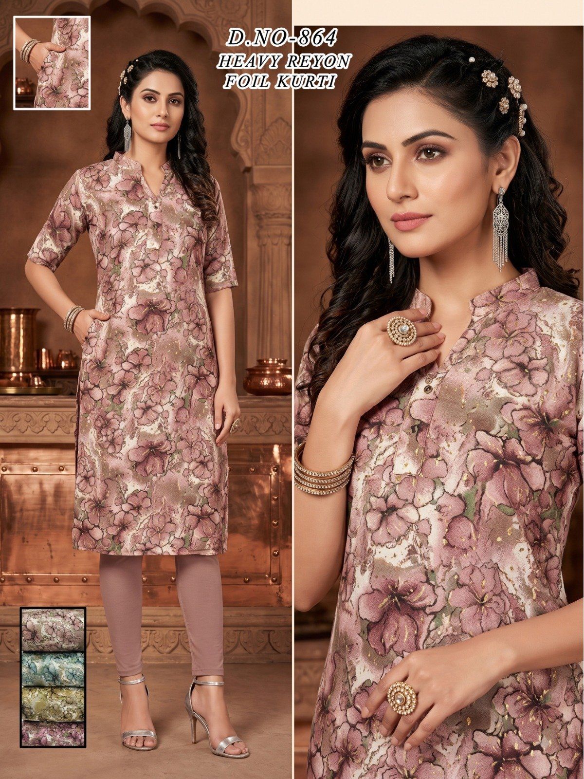 Women's Heavy Rayon Foil Kurti With Mobile Pocket -864