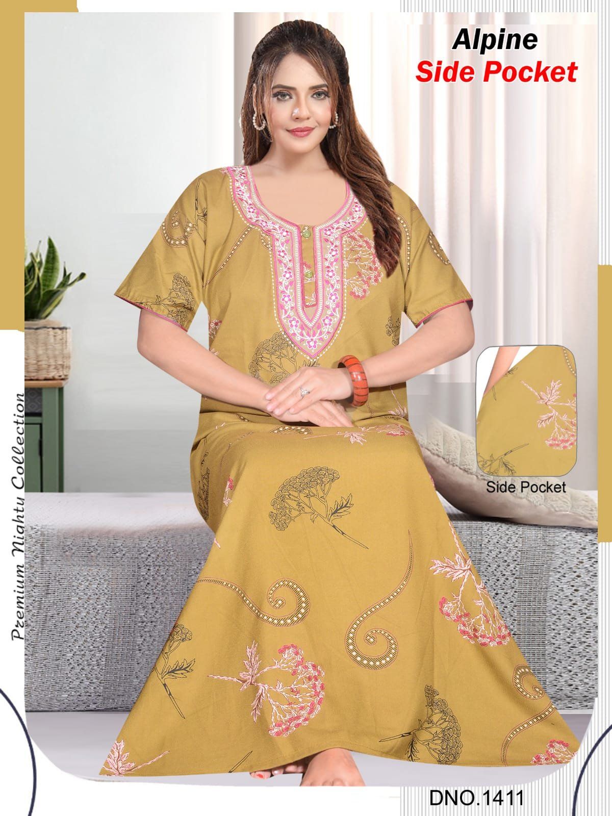 Women's Alpine Premium Nighties 2 Button with Long Fancy Embroidery
