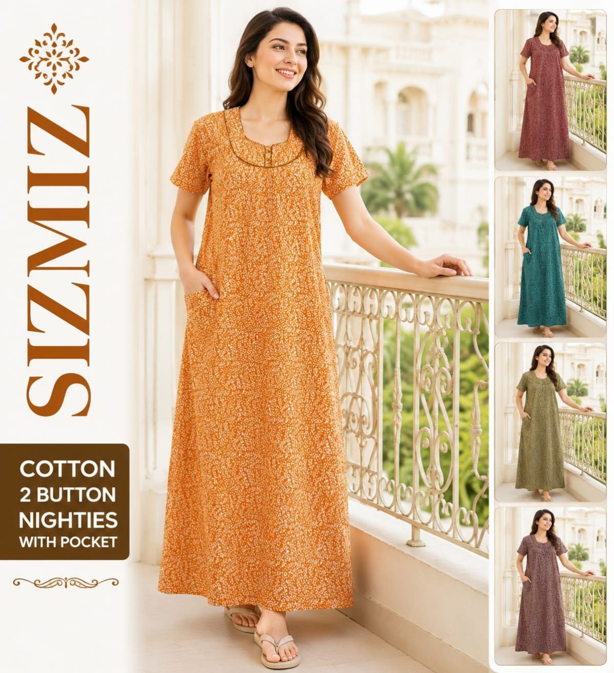 Women Poly Cotton Night Gown with Two Button