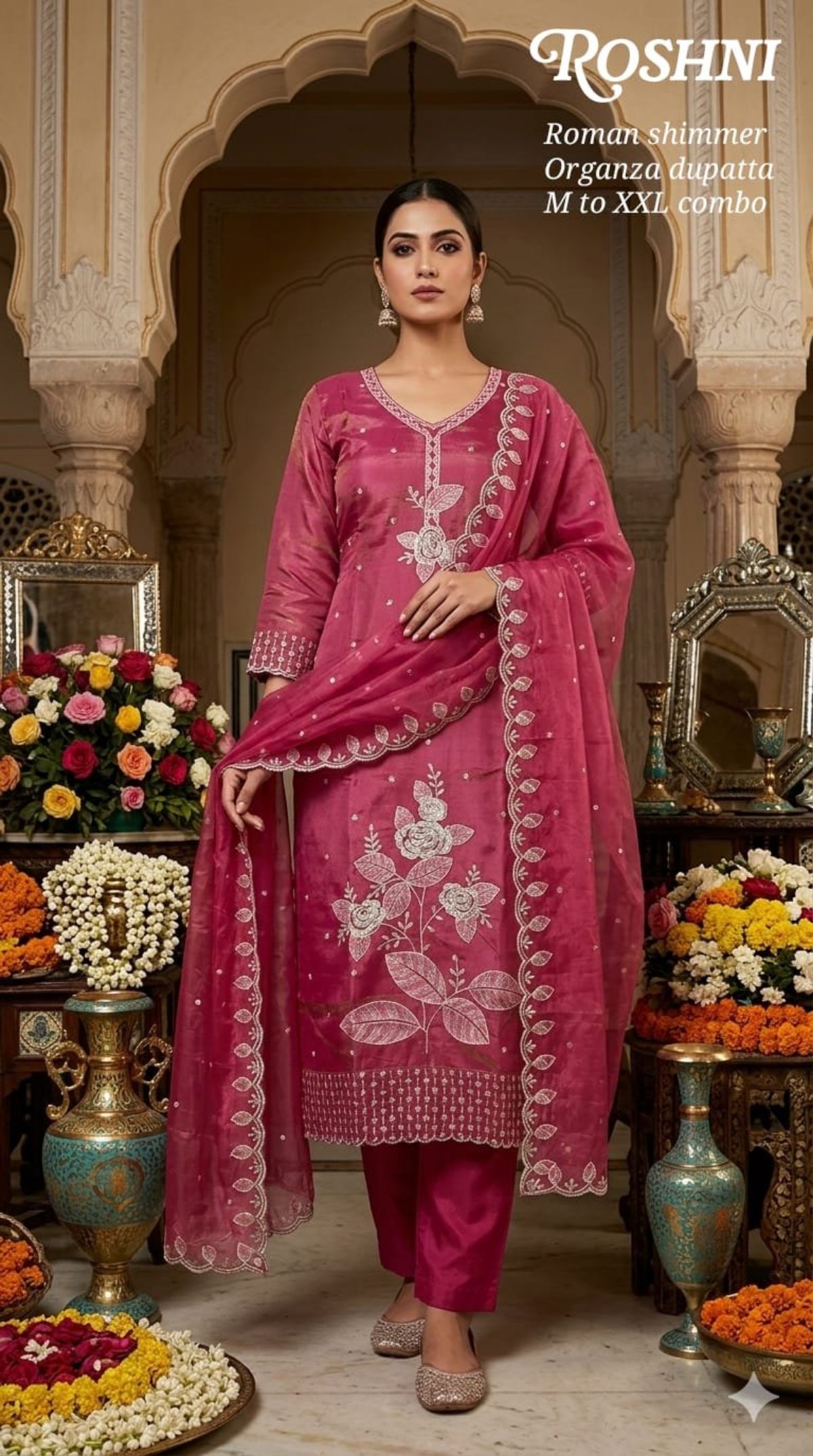 Women's Roman Silk Kurta Pant Set With Dupatta- Roshni