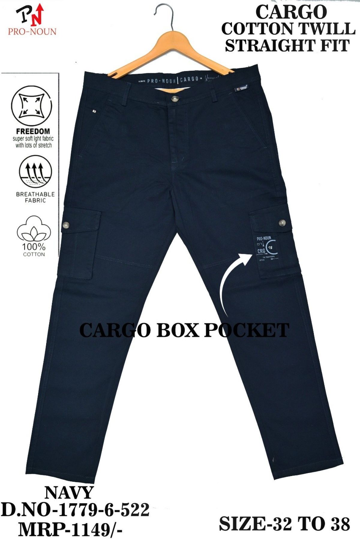 Pro-Noun Men's Straight Fit Cargo Pants D No- 1779- Navy