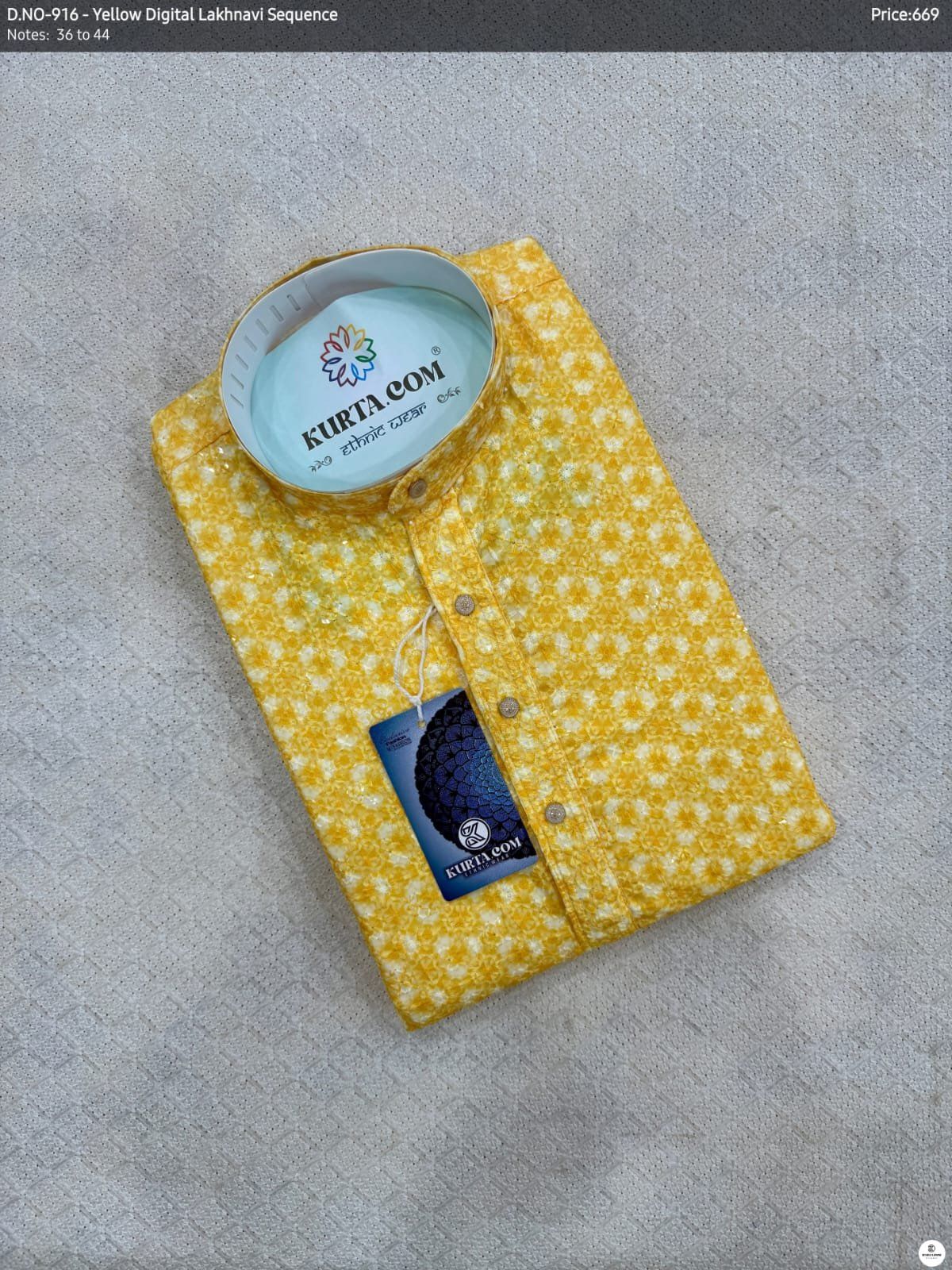 Yellow Digital Lakhnavi Sequence Work Kurta Only-916
