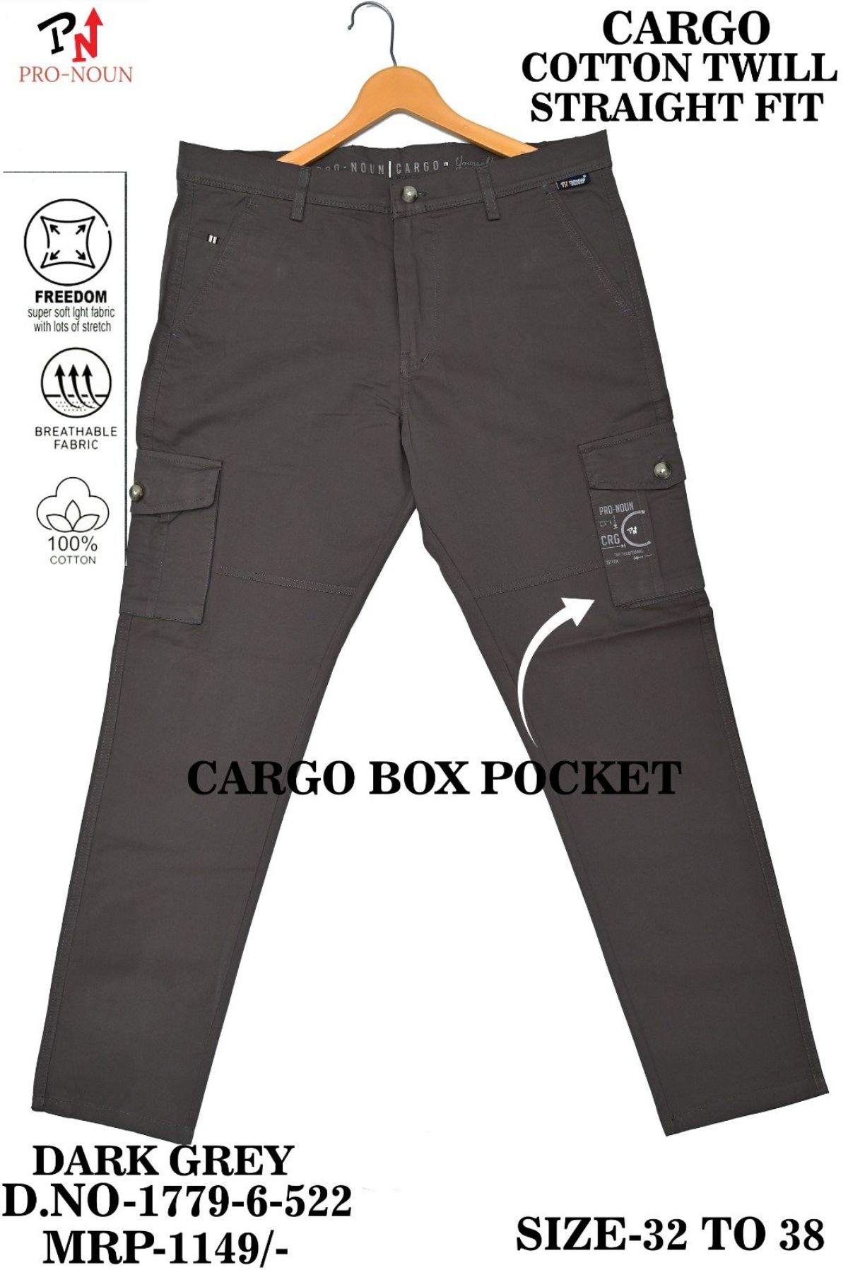 Pro-Noun Men's Straight Fit Cargo Pants D No- 1779- Dark Grey