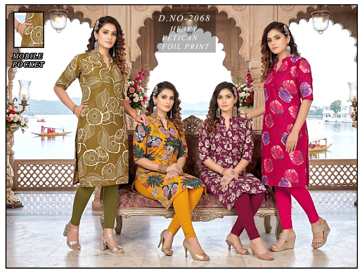 Women's Vetican Print State Colour Round Neck Kurti -2068