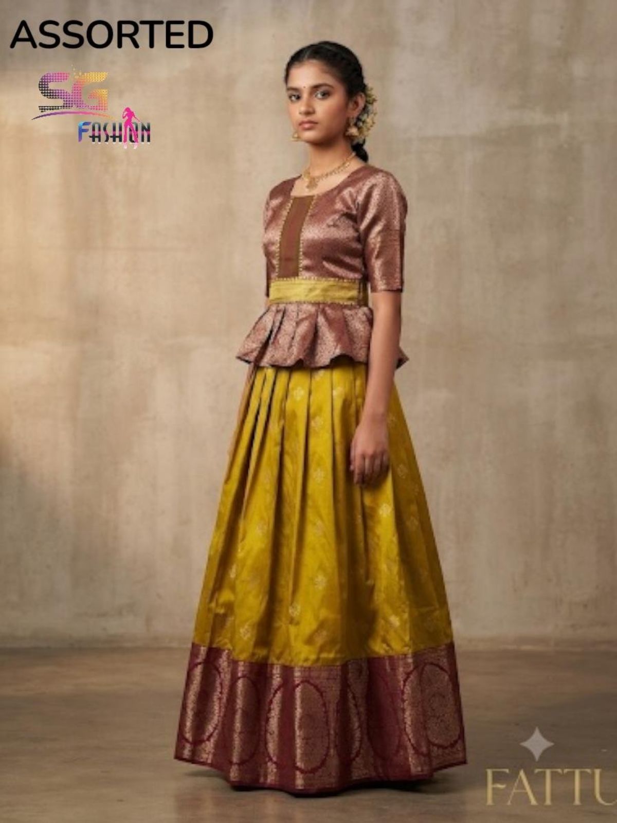 SG Fashion Girls Top Lehenga Set-Mustard