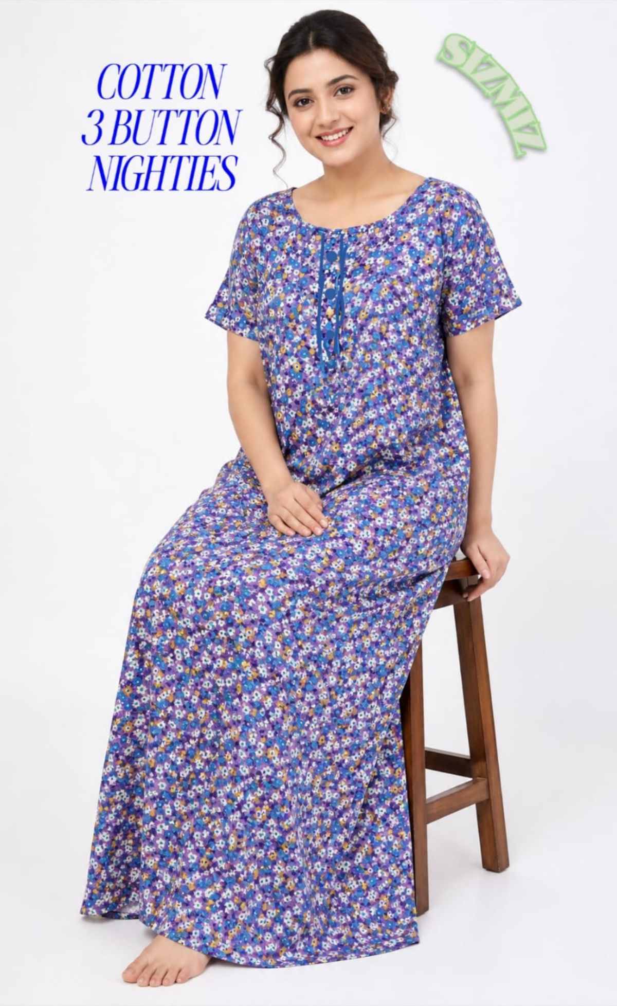 Women Poly Cotton Night Gown With Three Button