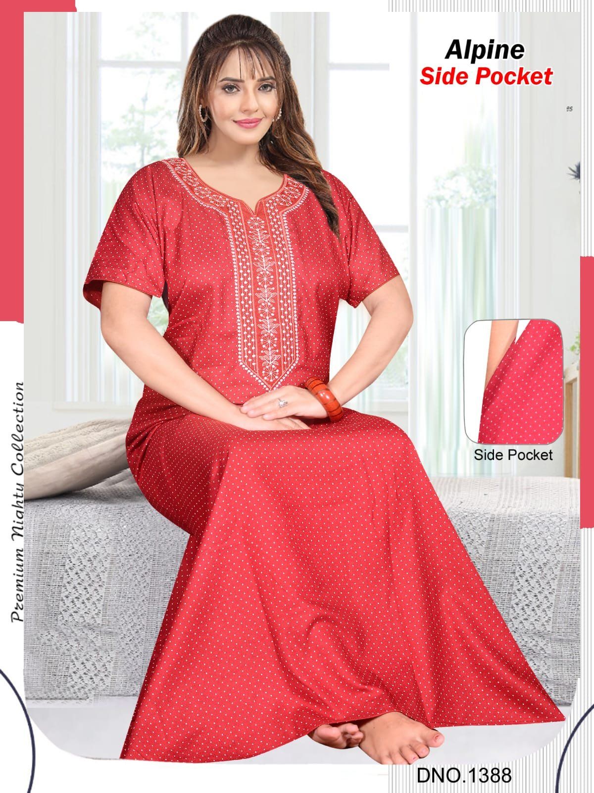 Women's Alpine Premium Nighties Fancy Long Embroidery Pattern with side pocket