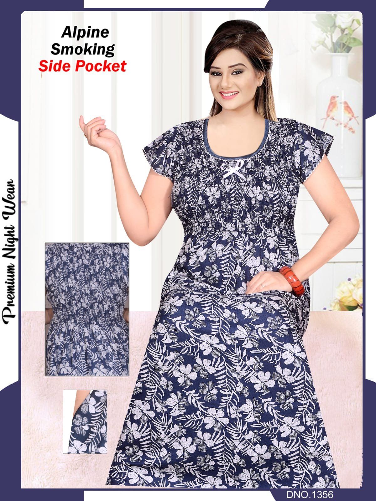 Women's Alpine Premium Nighties Fancy Smoky Pattern with side pocket