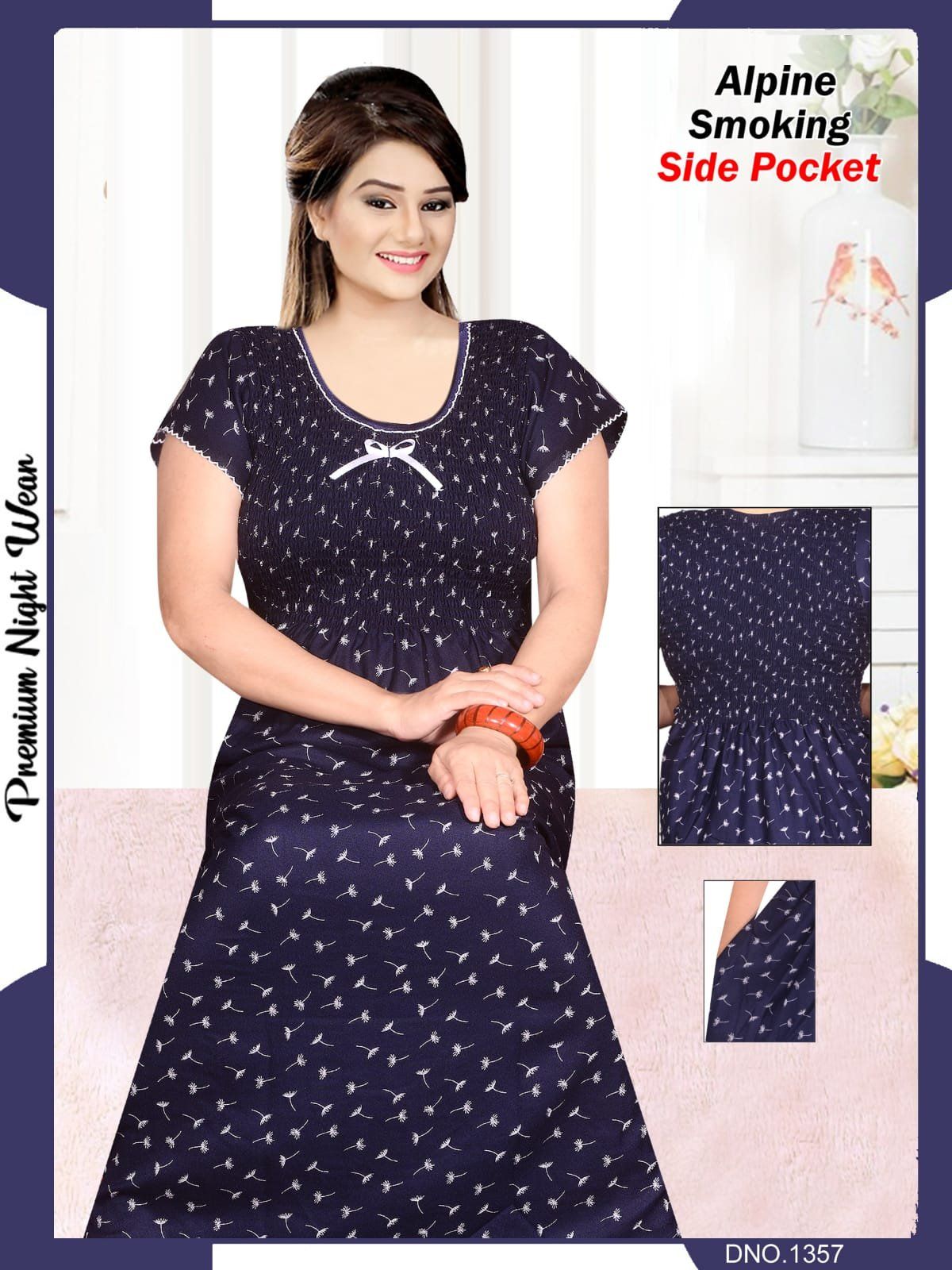 Women's Alpine Premium Nighties Fancy Smoky Pattern with side pocket
