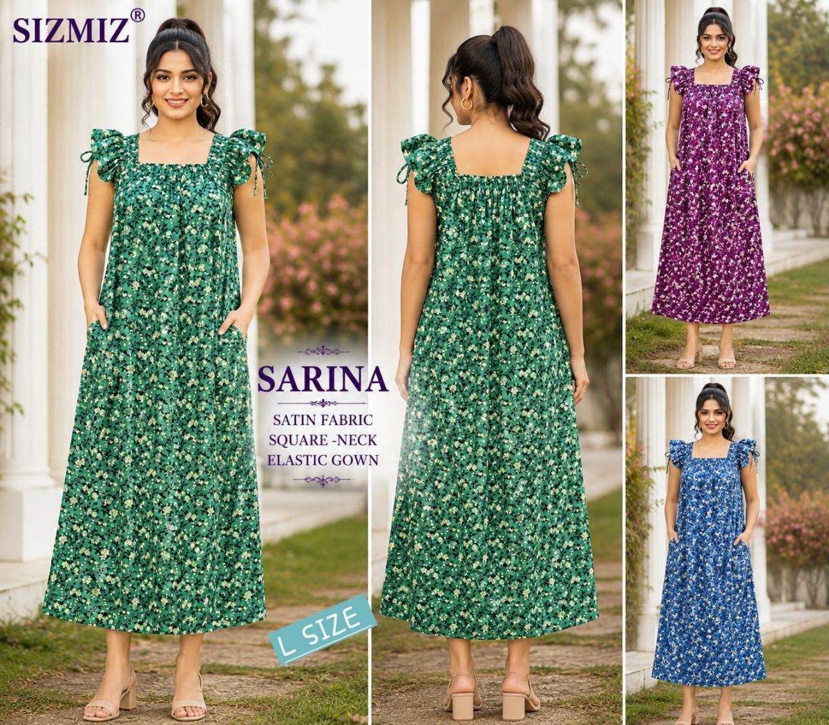 Sarina Women Satin Fabric Square Neck Night Gown