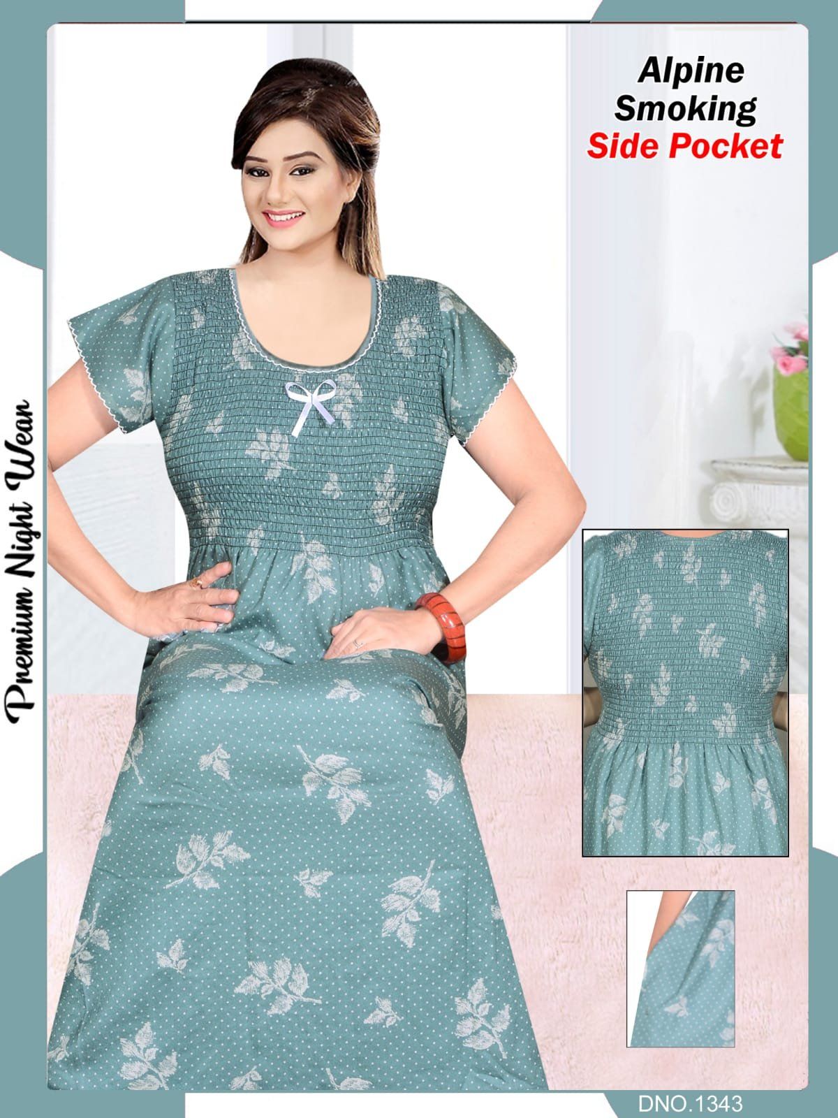 Women's Alpine Premium Nighties Fancy Smoky Pattern with side pocket