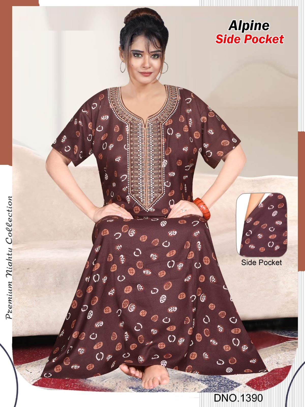 Women's Alpine Premium Nighties Fancy Long Embroidery Pattern with side pocket