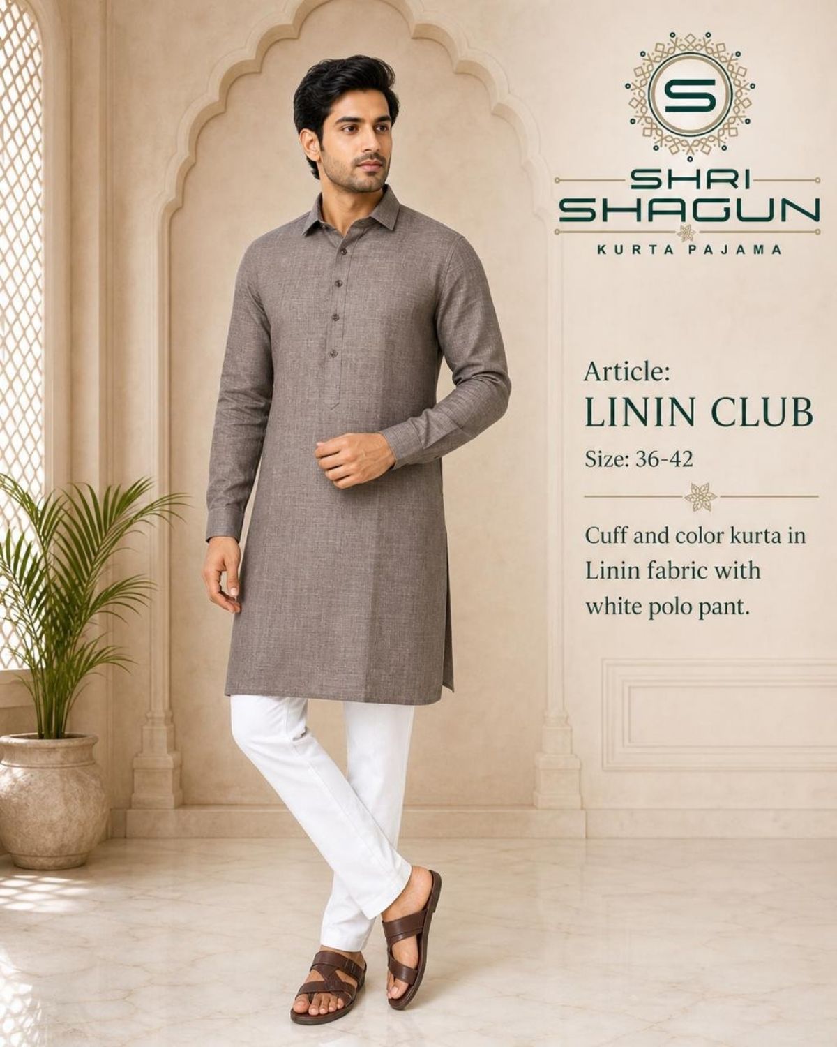 Linen Cotton Kurta Cuff Collar With Polo Pant-Linin Club