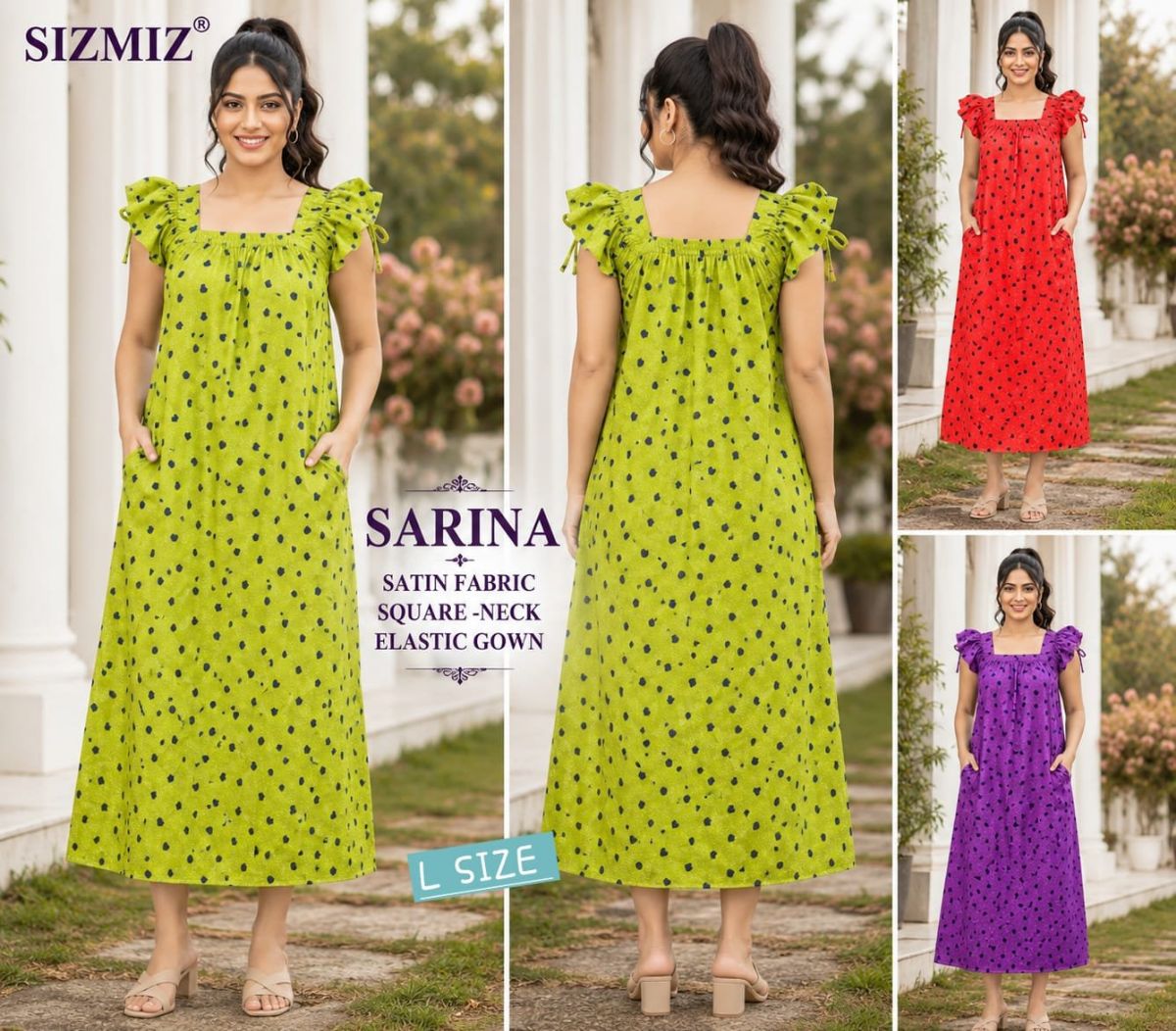 Sarina Women Satin Fabric Square Neck Night Gown