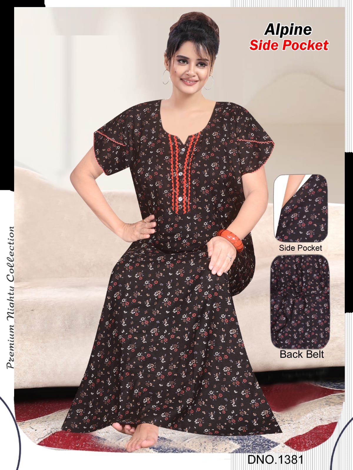 Women Alpine Premium Nighties Fancy Pattern Double Sleeve