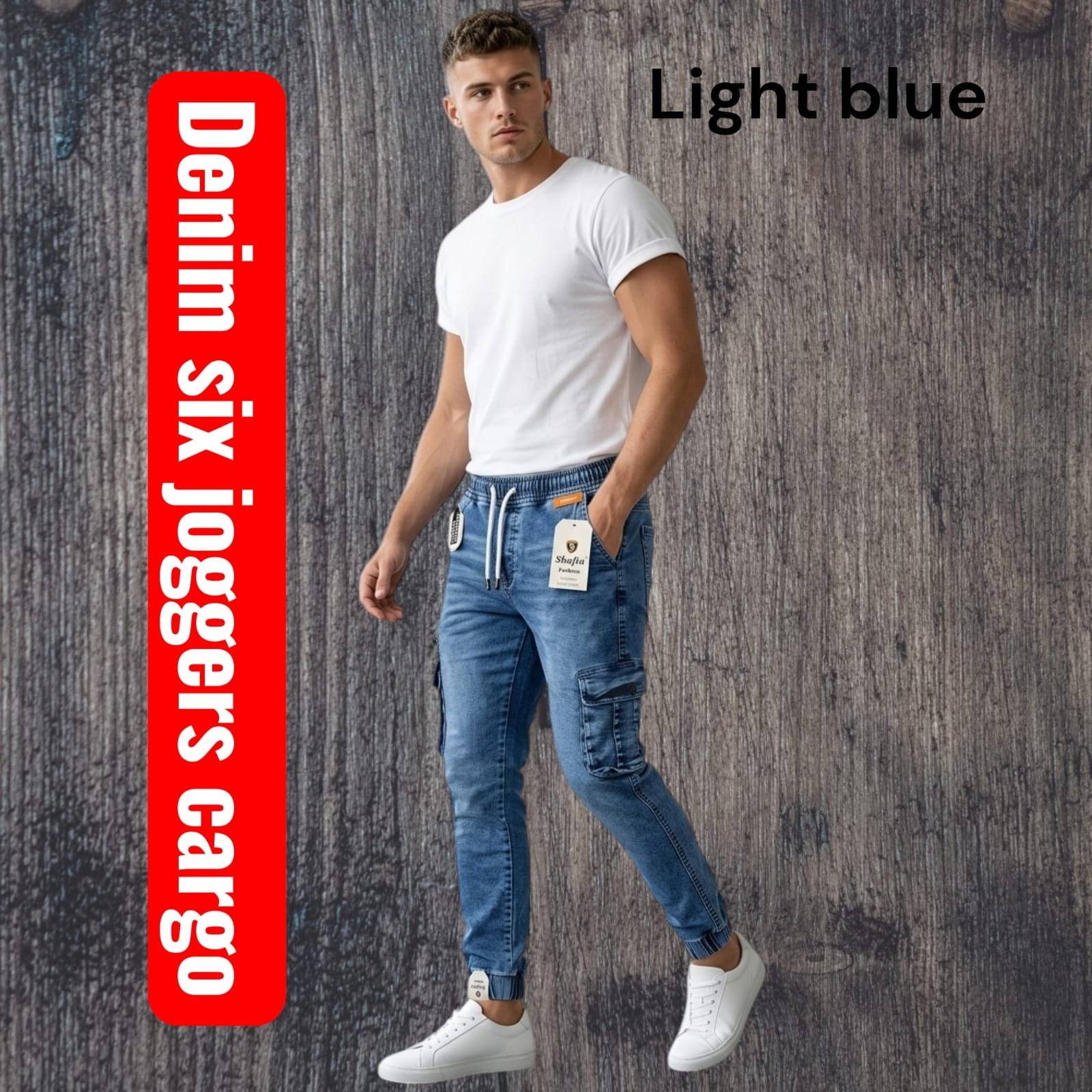 Shafin Men's Six Jogger Cargo Denim Jeans-Light Blue (30-36)