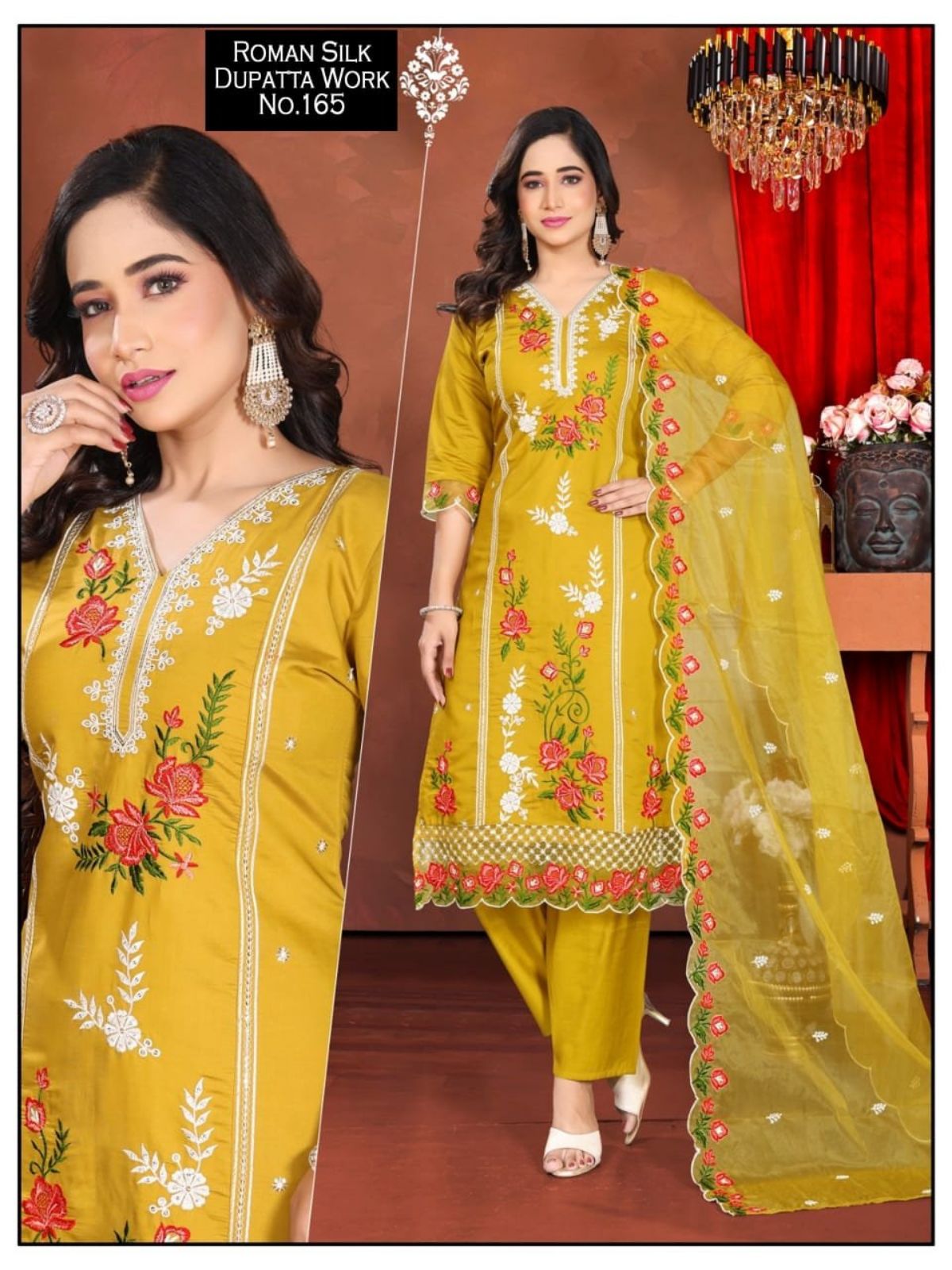 Women's Roman Silk Kurta Pant Set With Dupatta- 165