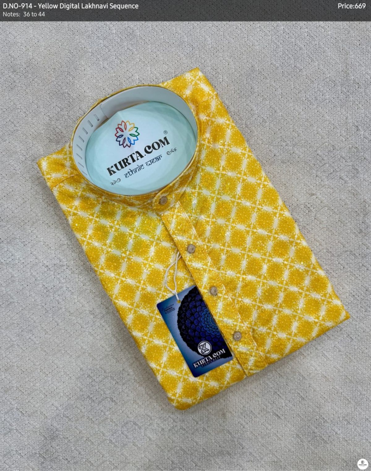 Yellow Digital Lakhnavi Sequence Work Kurta Only-914